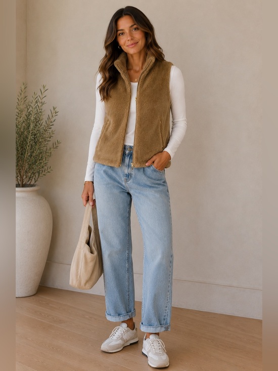 J. Crew Jackets & Blazers - J. Crew Camel Brown Faux Fur Full Zip Sleeveless Vest Jacket Size Medium
